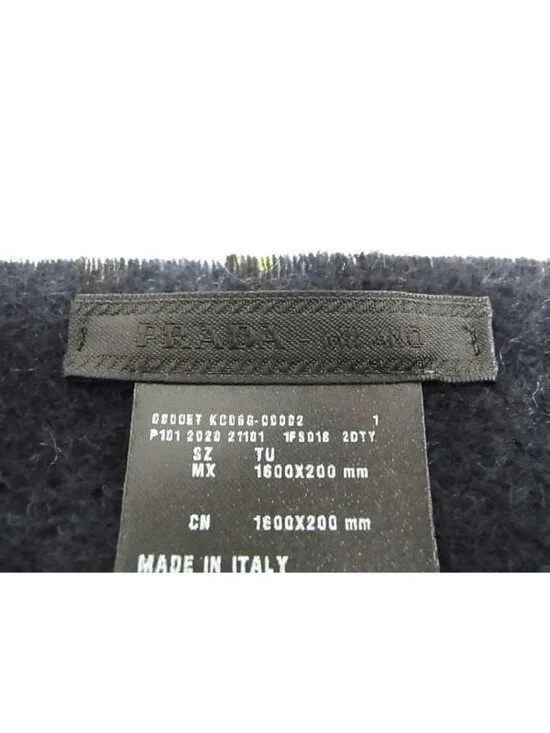 Prada Scarf Navy Yellow Cashmere Plaid Fringe - Picture 5 of 5